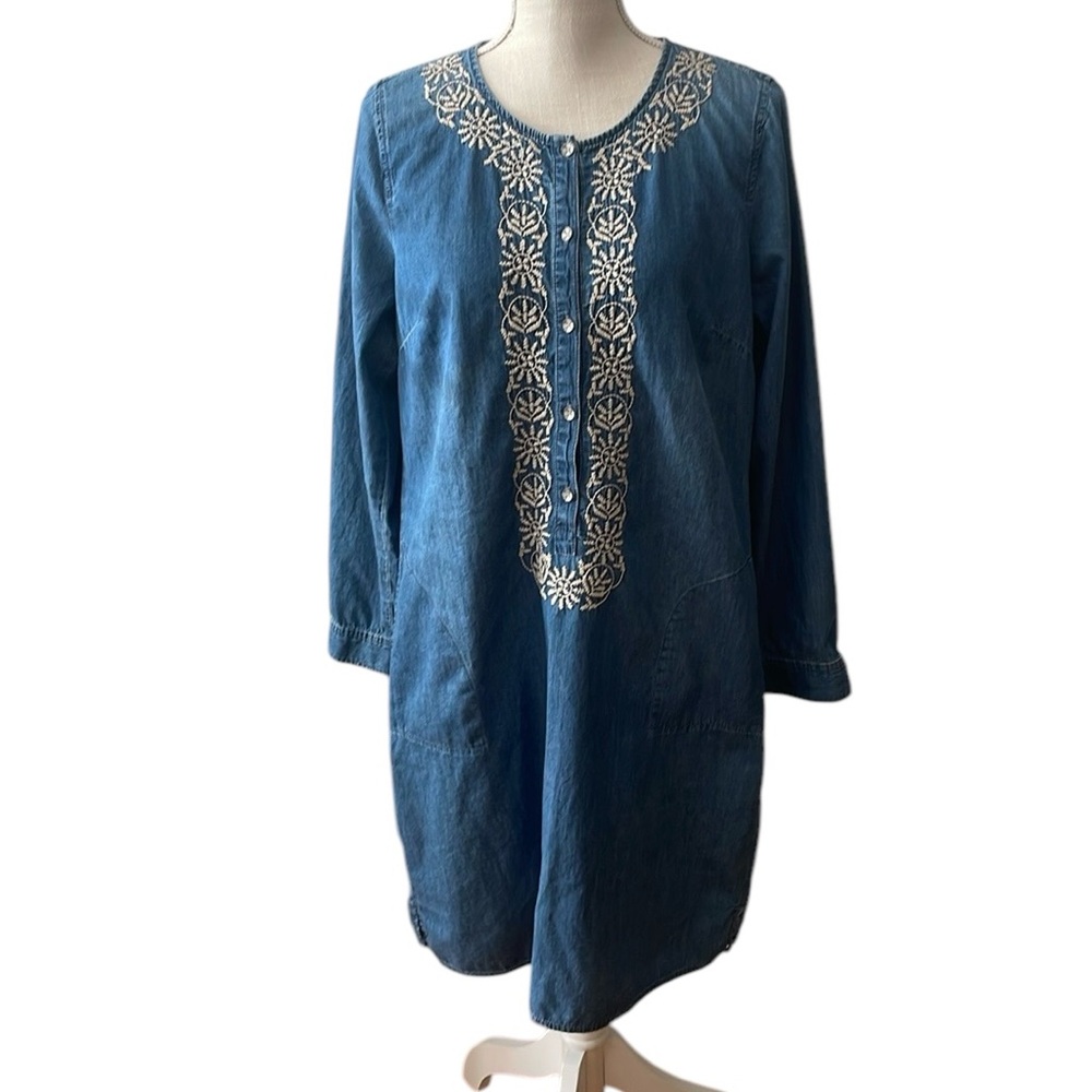 J Jill Blue Denim Chambray‎ Embroidered Women’s Boho Shift Dress Size Medium